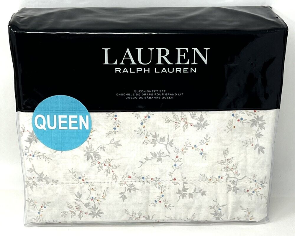 Ralph Lauren Carolyne Vine Queen Sheet Set White Gray All Cotton 4 pc NIP